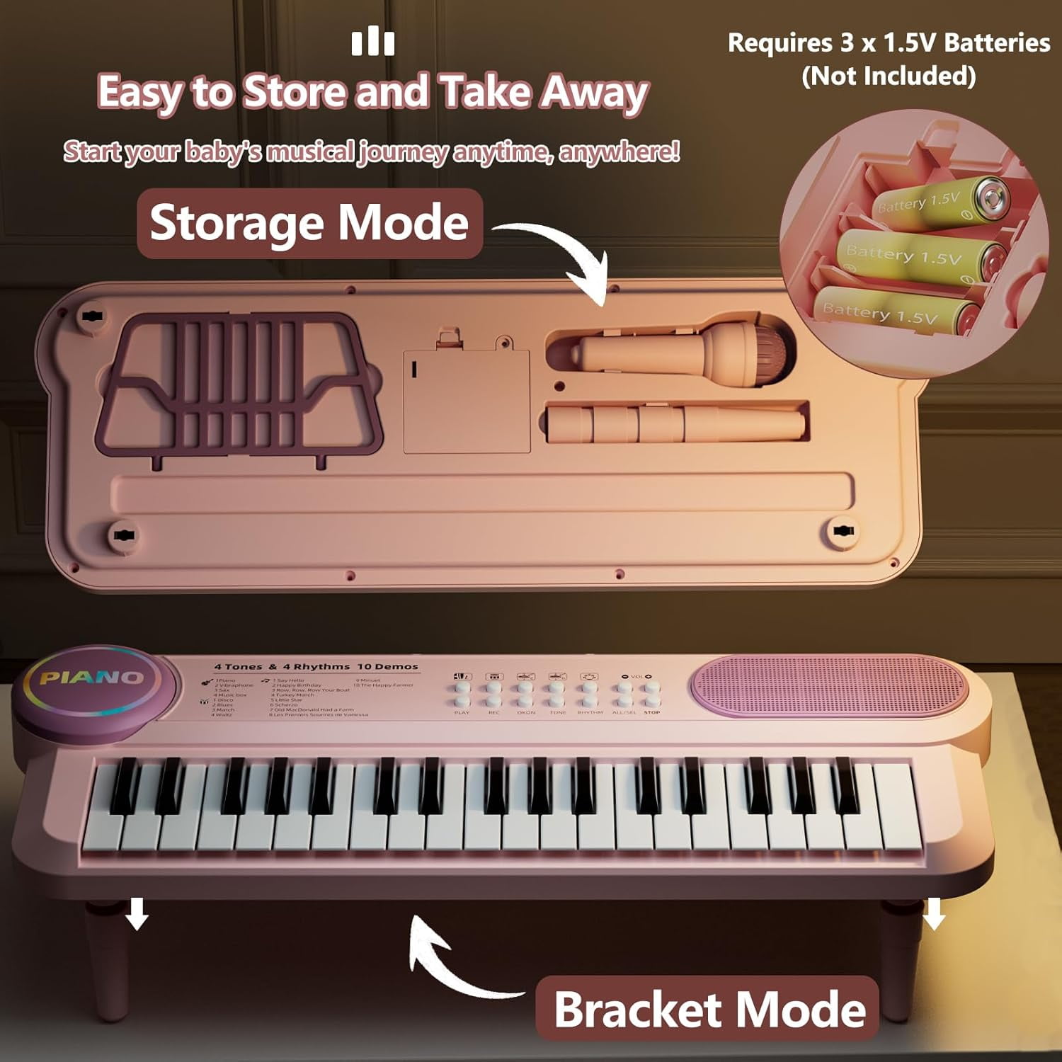 Digital Music Piano Keyboard for Kids, 37 Keys Portable Electronic Musical Instrument, Multi-function Keyboard with Microphone for Kids Boys Girls Birthday Gifts, Pink