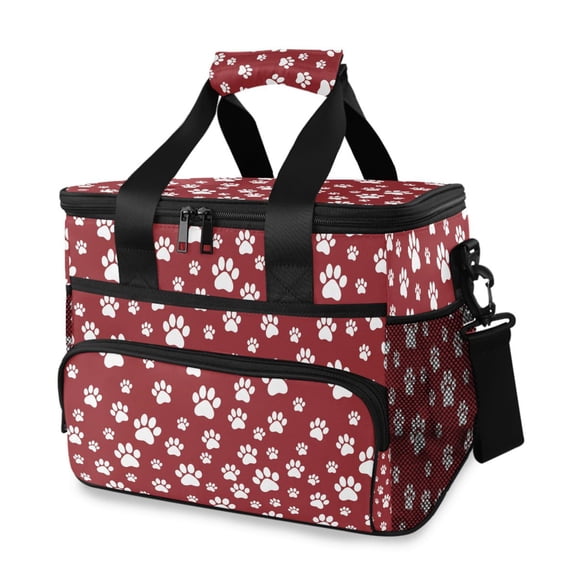 FORMRS Insulated Cooler Bag 24 Cans Capacity Soft Leakproof Lunch Box with Side Pockets, Red Cartoon Paws Pattern