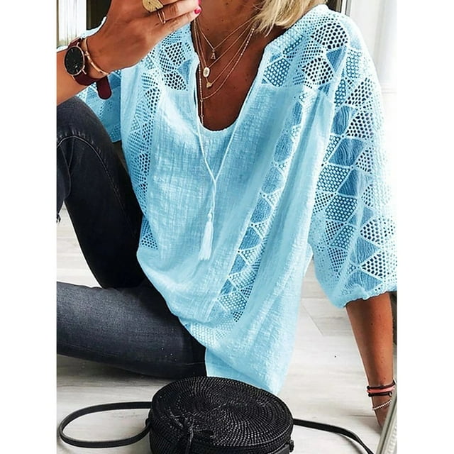 EHTMSAK Dressy Blouses for Women Pants U-Neck Solid Color Plus Size Tops Leisure Hollow Lace Compression Shirt Blue 3X