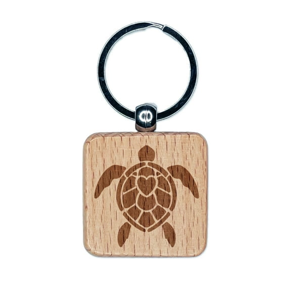 Sea Turtle Heart in Shell Square Keychain Charm Tag - Engraved Wood