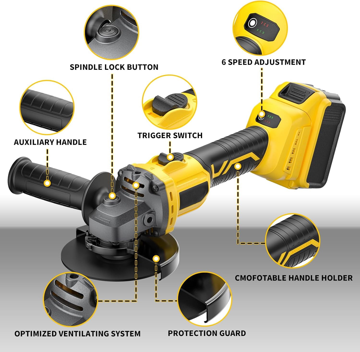 Professional Cordless Angle Grinder (Tool Only) - Fits DEWALT 20V Battery, 4-1/2" Brushless Power Angle Grinder with 6 Variable Speeds for Cutting, Grinding, Polishing