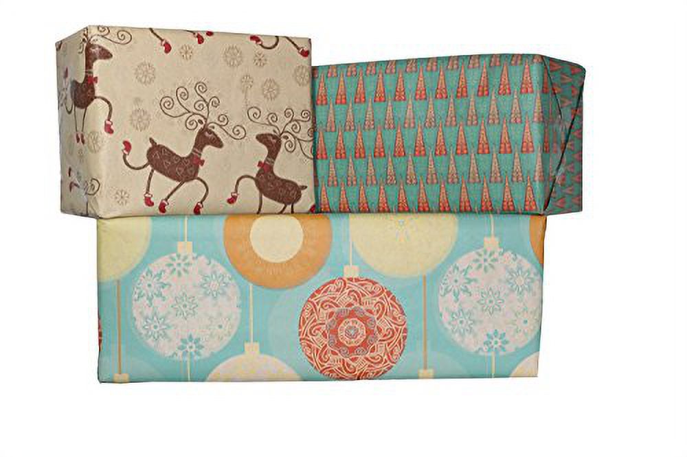 Printed Christmas Kraft Wrapping Paper Set (Reindeer-Bulbs-Trees on Brown Kraft)