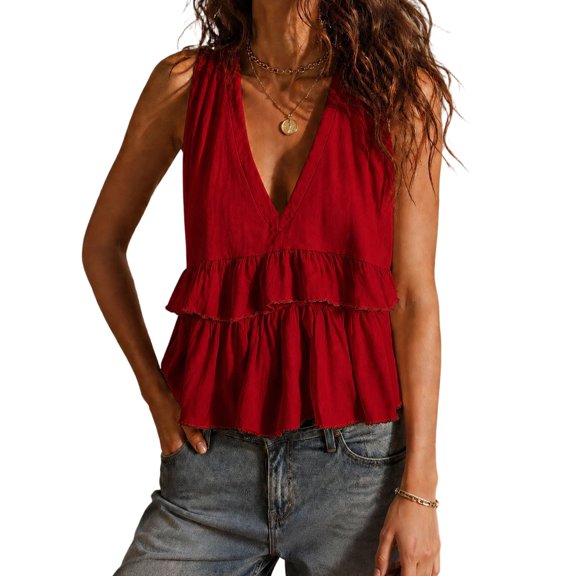 Admvng Tank Top for Women Deep V Neck Sleeveless Ruffle Tiered Cropped Peplum Flowy Casual Summer Camisole Blouse