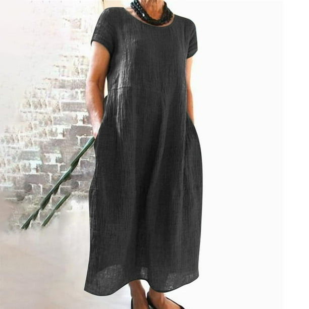 Vestido Lino Algodón Vestidos casuales de dama Moda Vestido de lino de algodón simple Tallas grandes (Gris oscuro L) Cgtredaw Para estrenar
