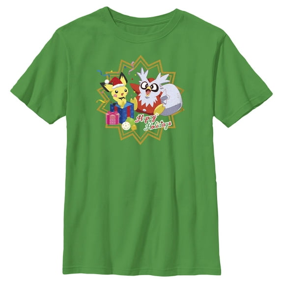 Boy's Pokemon Christmas Pikachu and Delibird Happy Holidays Graphic Tee Kelly Green X Small