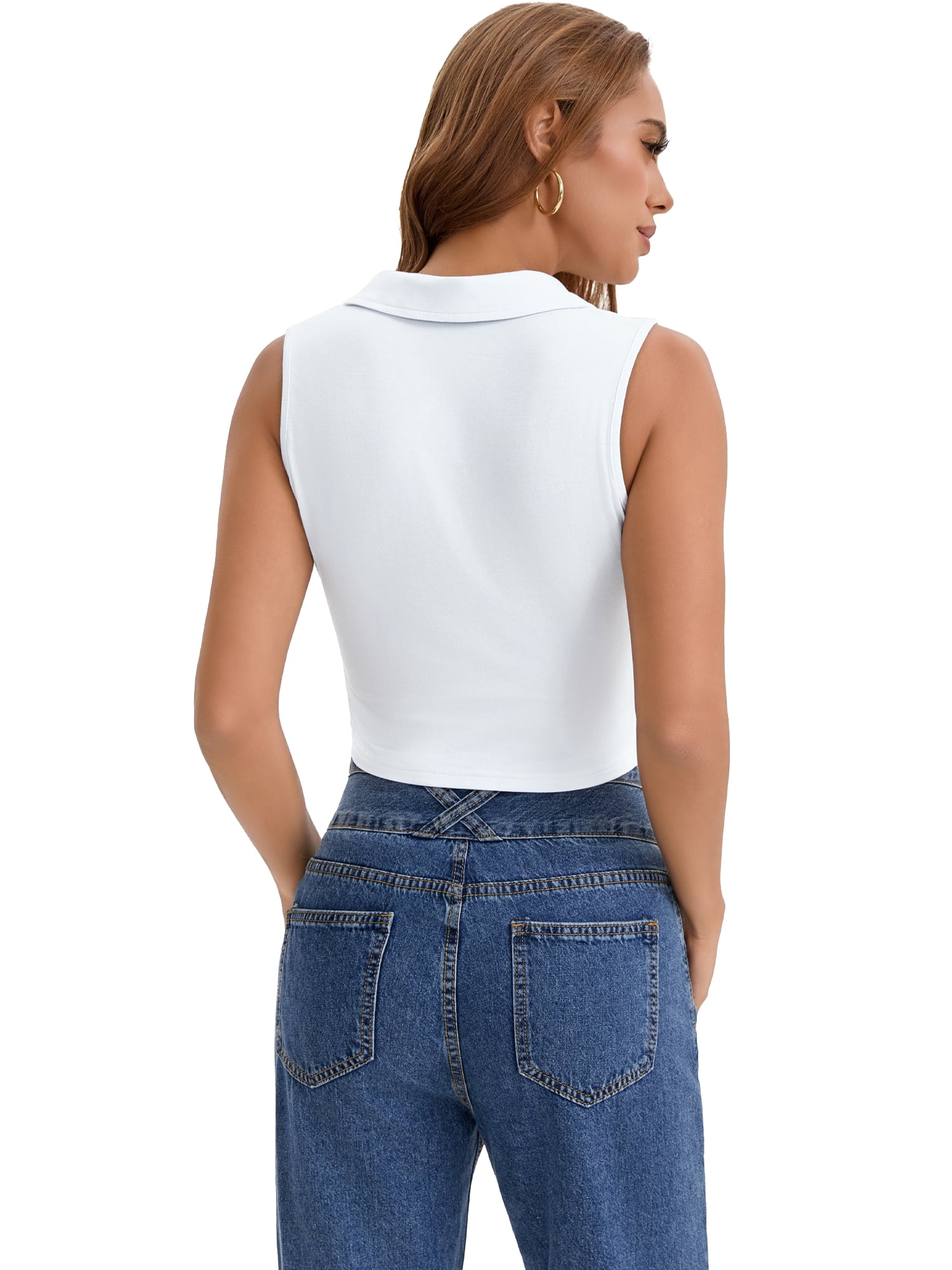 DARING DIVA Women's Cropped Sleeveless Golf Polo Shirt with V Neck and Slim Fit L White