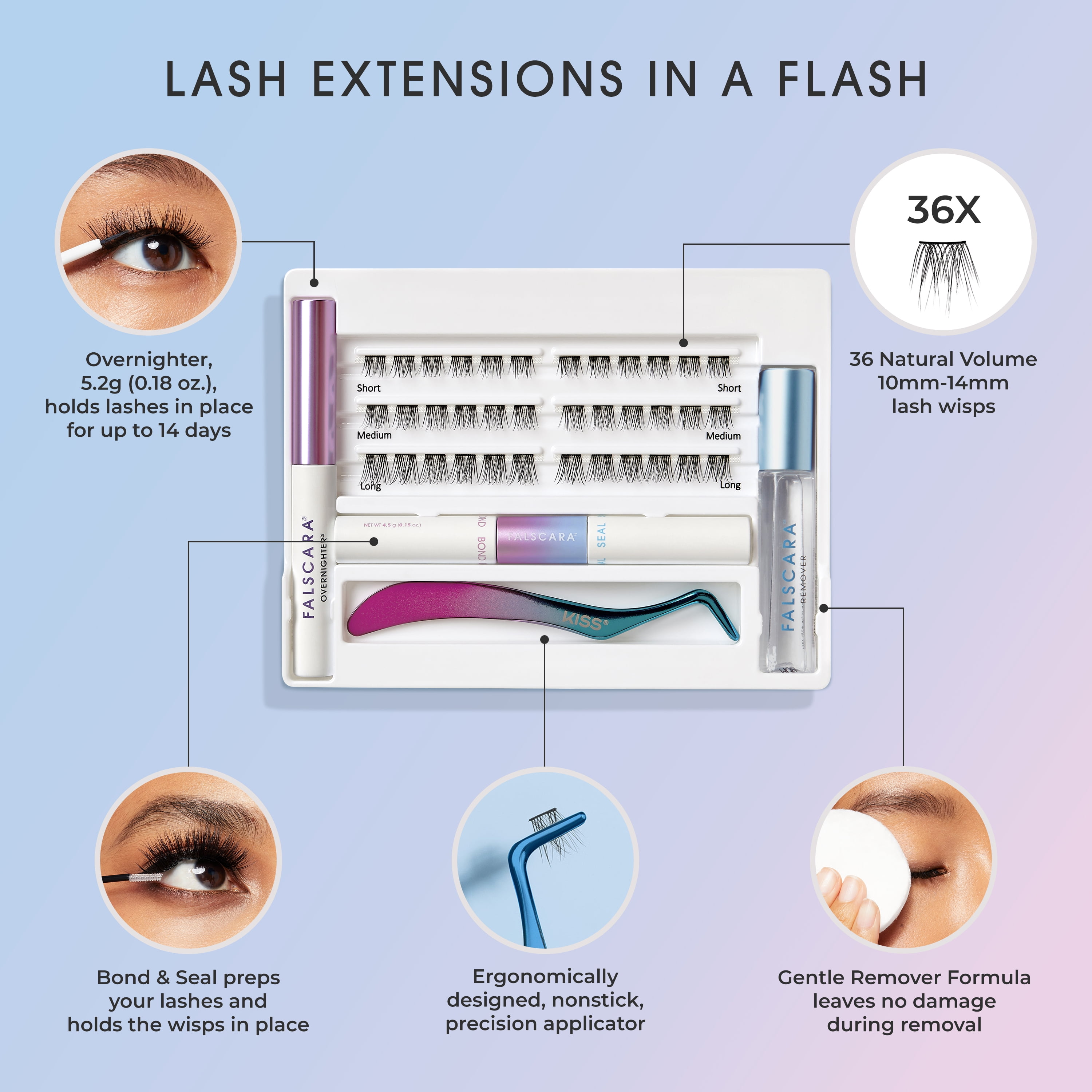 KISS Falscara 7 Piece All Inclusive Bundle, Lash Extension Kit, Lengthening Wisps, 126 Lash Clusters