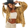 thumbnail image 3 of Sequin Fringe Jacket Shiny Disco Cowgirl Outfit Sparkly Theme Y2K 90s Streetwear Jacket Glitter Tassel Coat Long Sleeve Open Front Jacket Fall Outfits Gold One Size, 3 of 7