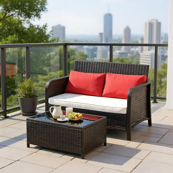 Topcobe 2 Pieces Wicker Loveseat Set with Coffee Table, Outdoor Patio Furniture
