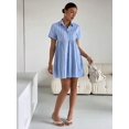 thumbnail image 4 of Light Blue Vertical Striped Shirt Dress For Women, Casual Short Sleeve Collared Mini Dress, 4 of 6
