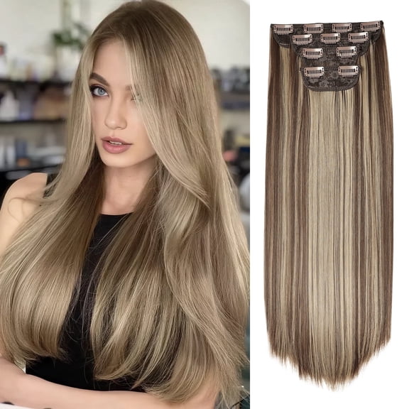 Creamily 4 PC Clip in Hair Extensions 20" Straight Long Extensions for Women Synthetic Hairpiece (Brown Mixed Blonde)