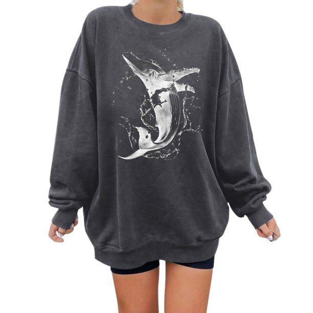 Gibobby Sudadera sin capucha y ocio Top con estampado a la para mujer, sudadera cálida de manga larga, camisa holgada informal con cuello redondo, de blusa (Gris, L)
