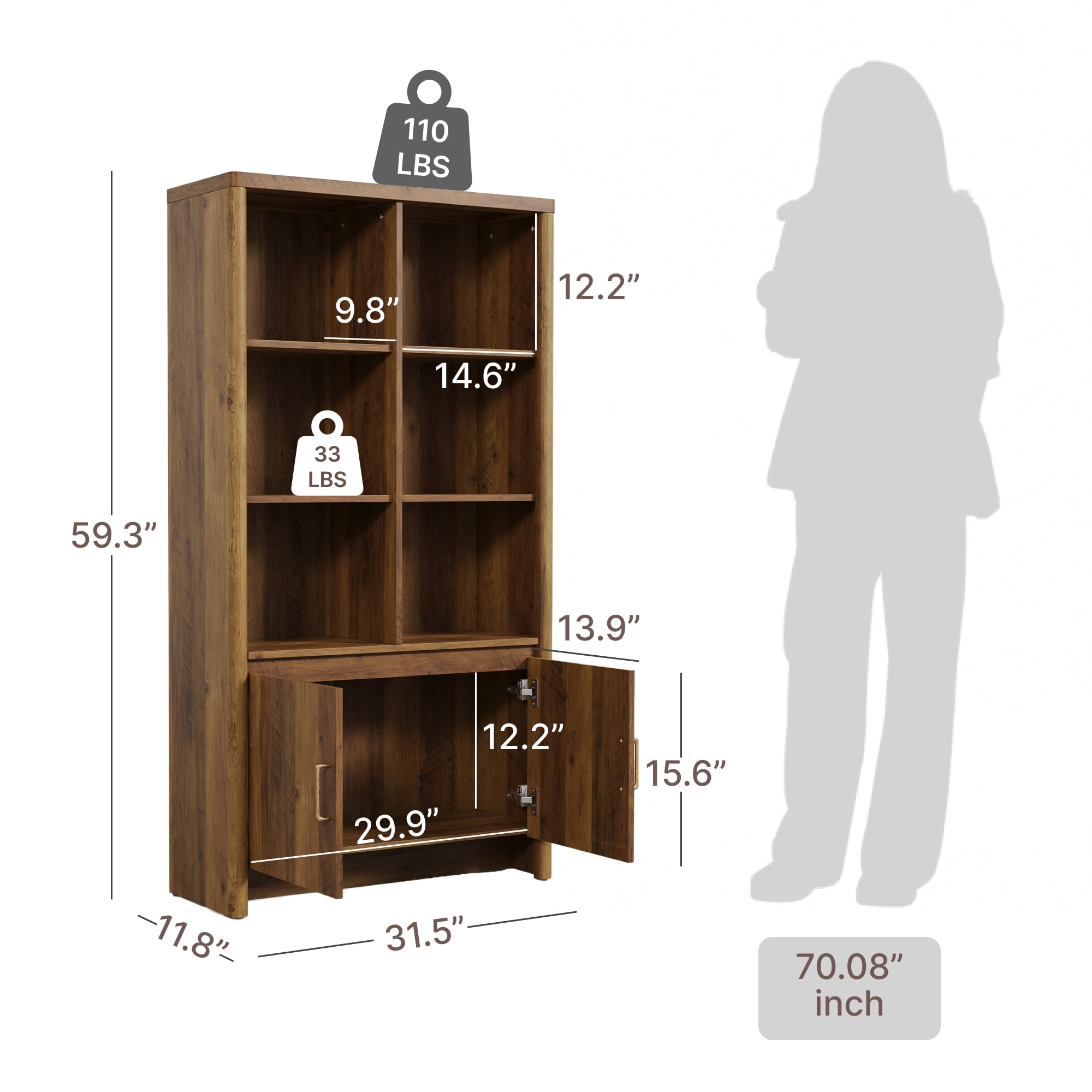 Spruce & Spring 59.3" Tall Bookshelf with Storage, 2-Door 6-Cube Library Bookcase with Adjustable Shelves, Modern Cabinet for Living Room Dining Room Office Hallway, Walnut