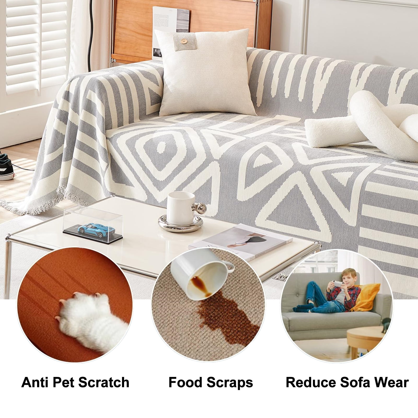 SANMADROLA Boho Sofa Cover Dog Couch Cover for Sectional Sofa Set Reversible Couch Protector for 3 Cushion Couch L Shape Sofa Covers Chenille Throw Couch CoverDog Cat Kids Sofa Cover -71" X 134"