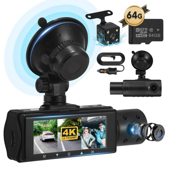 Dash Cam,3 Channel Dash Cam 4K 720P Dash Cam Front and Inside Dash Camera with 64GB Card,Night Vision,G-Sensor,24Hr Parking,Triple Car Camera with IR Night Vision