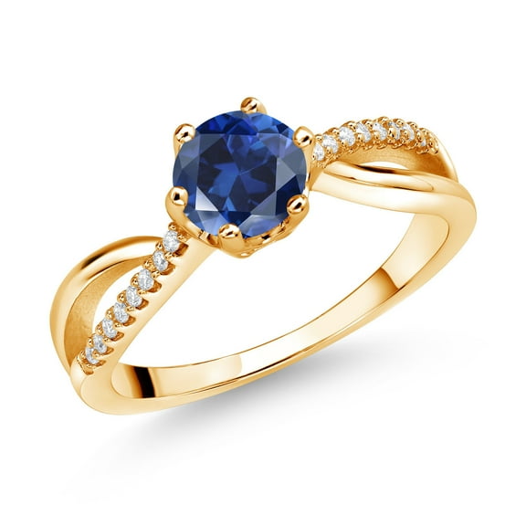 Gem Stone King 18K Yellow Gold Plated Silver Ring Round Created Sapphire and Moissanite (1.08 Cttw) (Size 7)