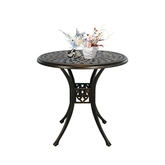 30.7" Outdoor Round Cast  Aluminum Patio Dining Table with Umbrella Hole,  Bistro Table for Backyard Lawn Balcony Deck, Bronze