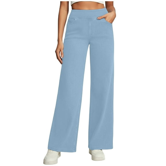 Lenpel Wide Leg Jeans for Women Baggy Elastic High Waisted Stretchy Pull on Lounge Pants Trendy Casual Trousers with Pockets(Light Blue,X-Large)