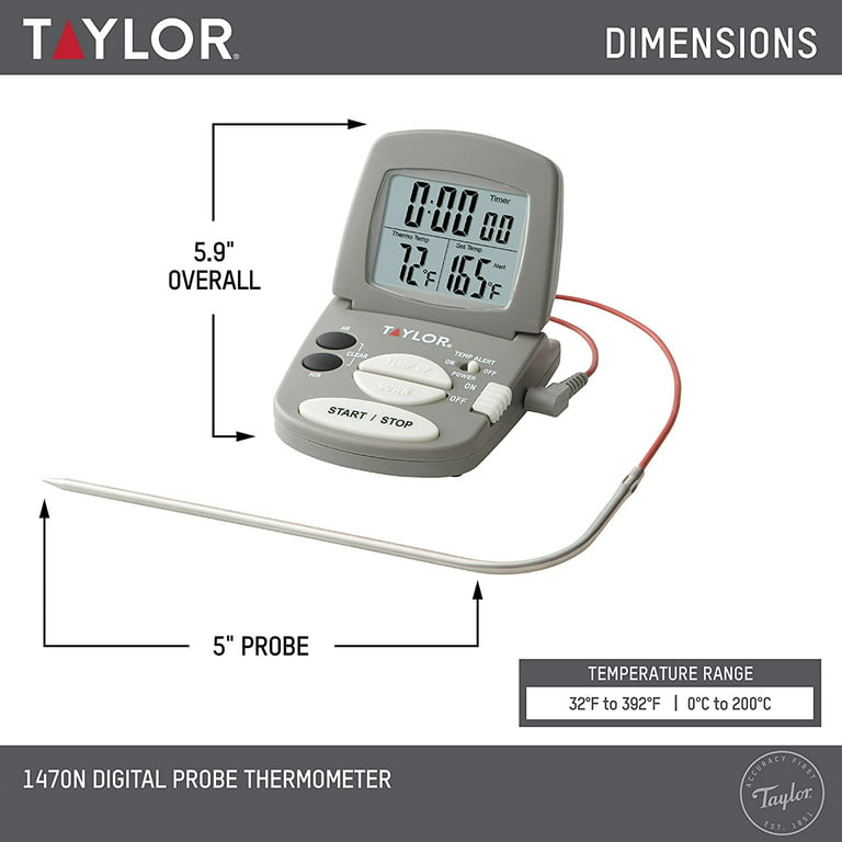 Taylor Programmable with Timer Instant Read Wired Probe Digital, Meat,  Food, Grill BBQ Cooking Kitchen Thermometer, Stainless Steel