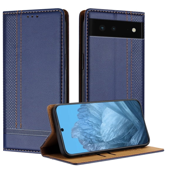 for Google Pixel 6 Slim Case with Card Holder, Premium PU Leather Wallet Case with Flip Card Slots Kickstand & Magnetic Closure for Google Pixel 6, Blue