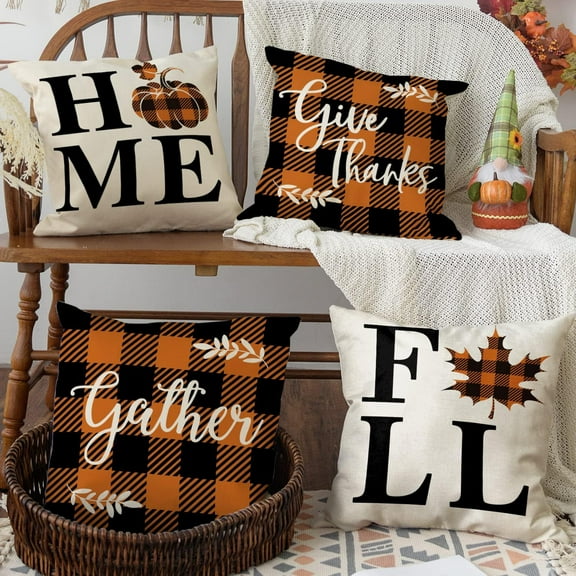 Fall Decorative Throw Pillow Covers 18 x 18 Inch Set of 4, Pumpkins Thankful Blessed Buffalo Plaid Fall Decor Outdoor Farmhouse Pillow Cases for Home Couch (Orange Color)