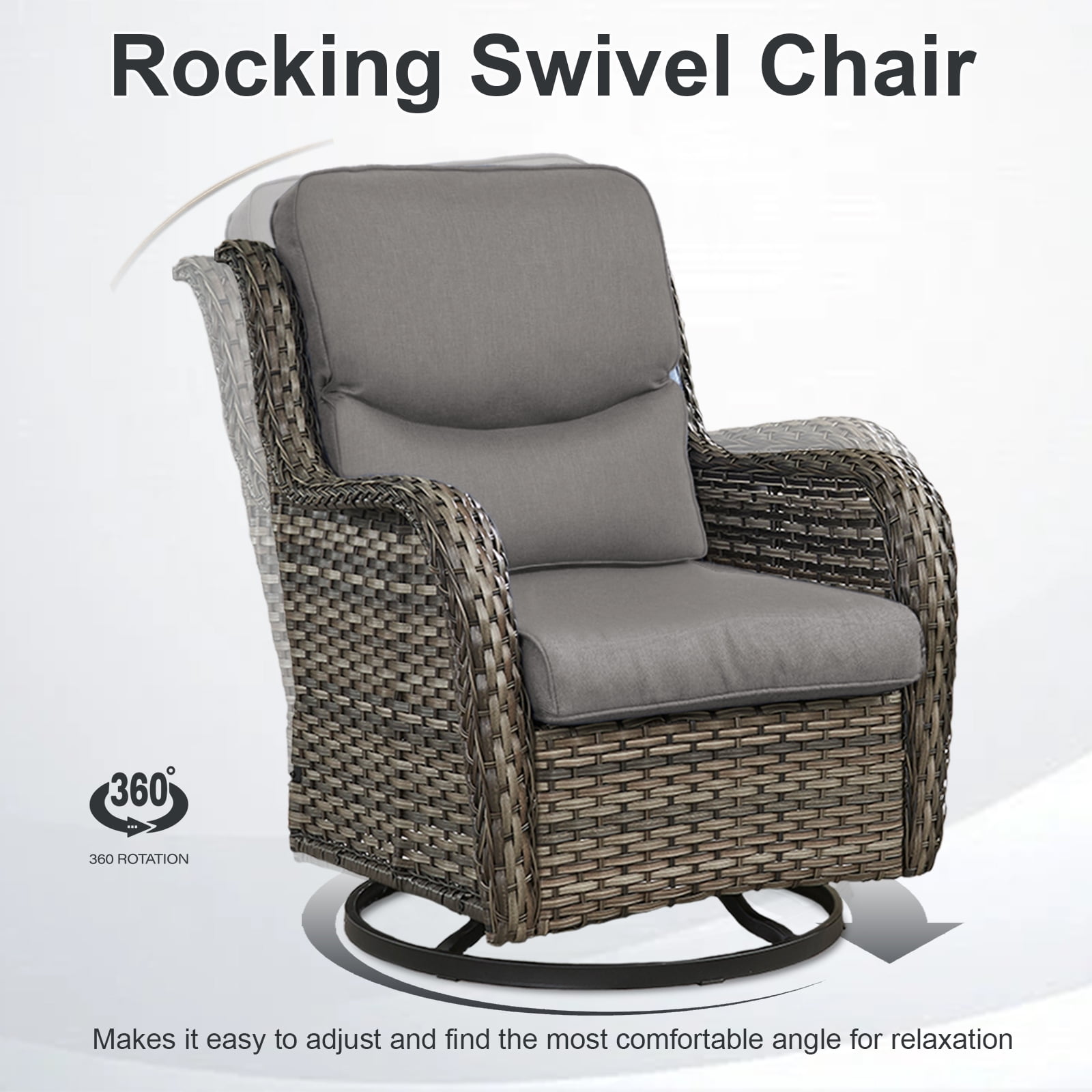 POCASSY Outdoor Swivel Chair Set of 4, All Weather Gray Wicker Patio Swivel Chairs Set with High Back and Thick Cushion for Garden Balcony Porch - Gray/Gray