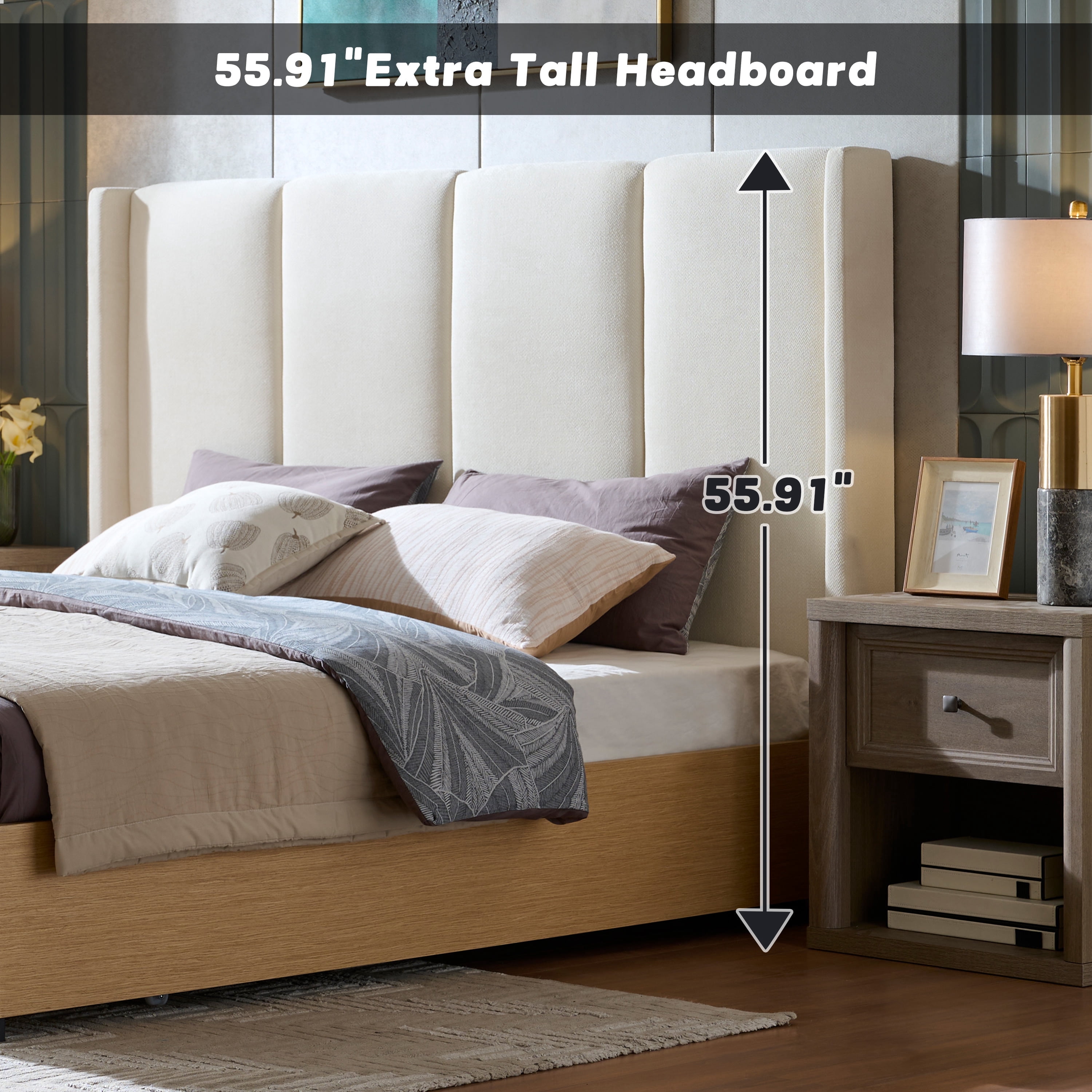 King Size Bed Frame and Upholstered Headboard, Solid Wood Platform Bed with Storage Drawers, Durable Wooden Slats, Solid and Stable, Noiseless, No Box Spring Needed, Easy Assembly, Beige