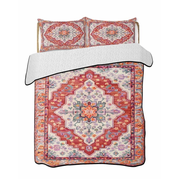Orange Red Boho Summer Quilt Set Full Size,Soft Quilted Bedding Set with 2 Pillow Shams,Vintage Flower Tribal Distressed Printed Lightweight All Season Bedspread Coverlet for Bedroom 78"x90"