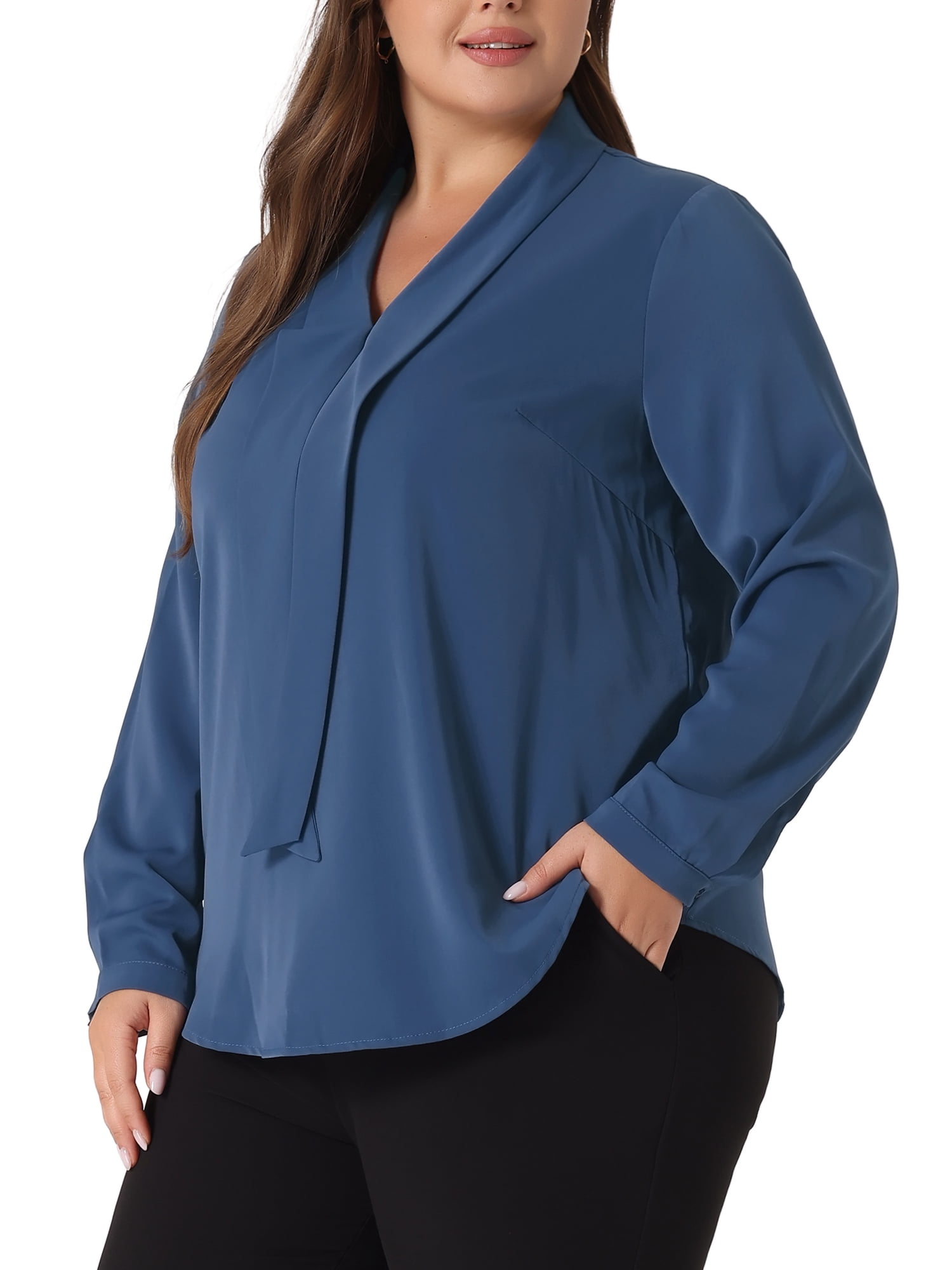 DARING DIVA Women's Plus Size Long Sleeve Tie V Neck Chiffon Blouse 2X Blue