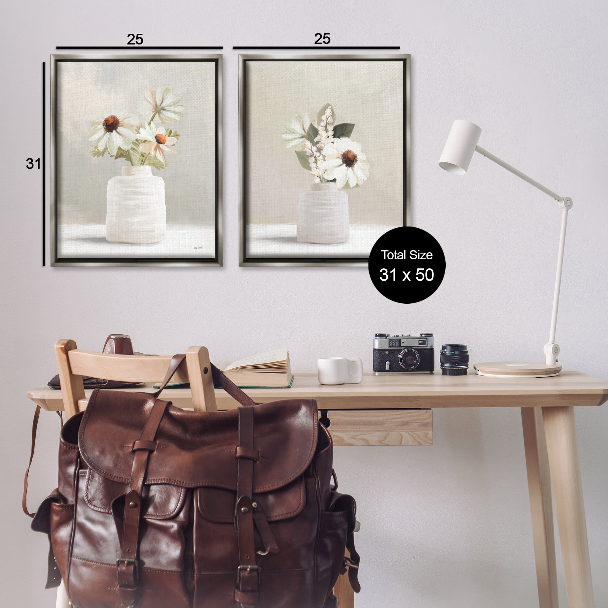 Stupell Industries Simply Elegant Floral Vase Plants & Flowers Painting Gray Floater Framed Canvas Art Print Wall Art, 31 x 25, Set of 2