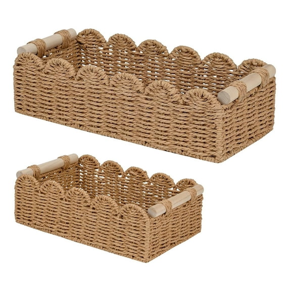 2 PCS Woven Storage Basket, Handmade Paper Rope Toilet Paper Basket with Wooden Handles, Neutral Decorative Woven Box Organiser for Living Room, Home, Bathroom, Small Large