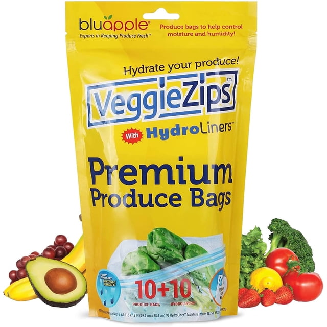 FZC-VeggieZips Sacs de Rangement Premium pour Produits - 10 Sacs de Conservation des Aliments + 10 Sacs HydroLiners pour Garder les Produits Frais Plus Longtemps - Sacs Lavables et Réutilisables pour le Contrôle de l'Humidité des Fruits et Légumes