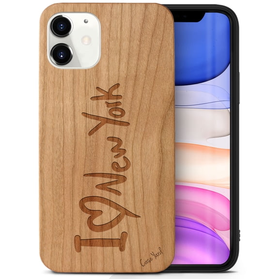 Case Yard Wooden Case Outside Soft TPU Silicone, Slim Fit Shockproof Wood Protective Phone Cover for Girls Boys Men and Women, Supports Wireless Charging I Love NY Design case for iPhone-12-Mini