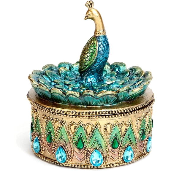 Bits and Pieces Peacock Art Peacock Jewelry Box, Golden