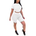 thumbnail image 1 of Women 2 Pcs Casual Outfits Sets, Open Back Short Sleeve Crop Tops + Tight High Waist Short Pants, 1 of 5