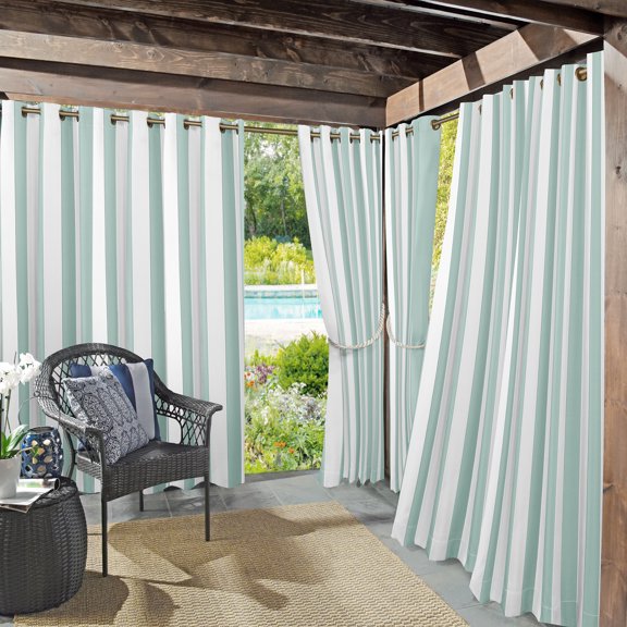 Sun Zero Valencia Cabana Stripe Indoor/Outdoor UV Protectant Room Darkening Grommet Curtain Panel, 54"x84", Soft Teal