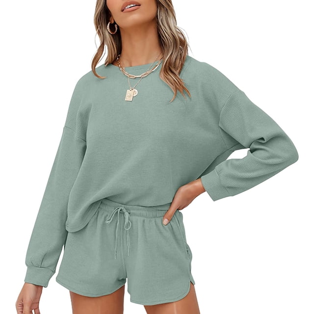 Autumn Round Neck Long Sleeve + Drawstring Shorts Ladies Casual Suit