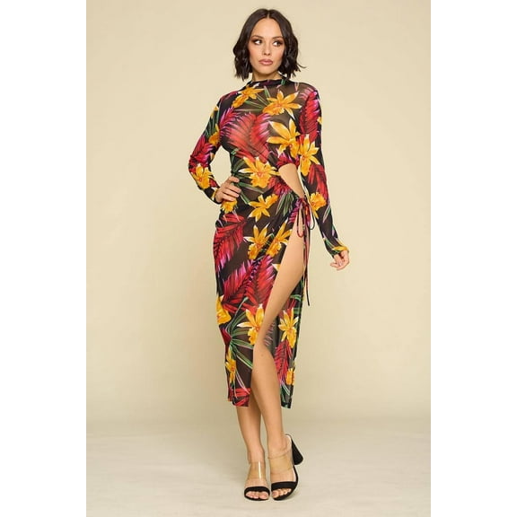 Flower Print Slit Dress S