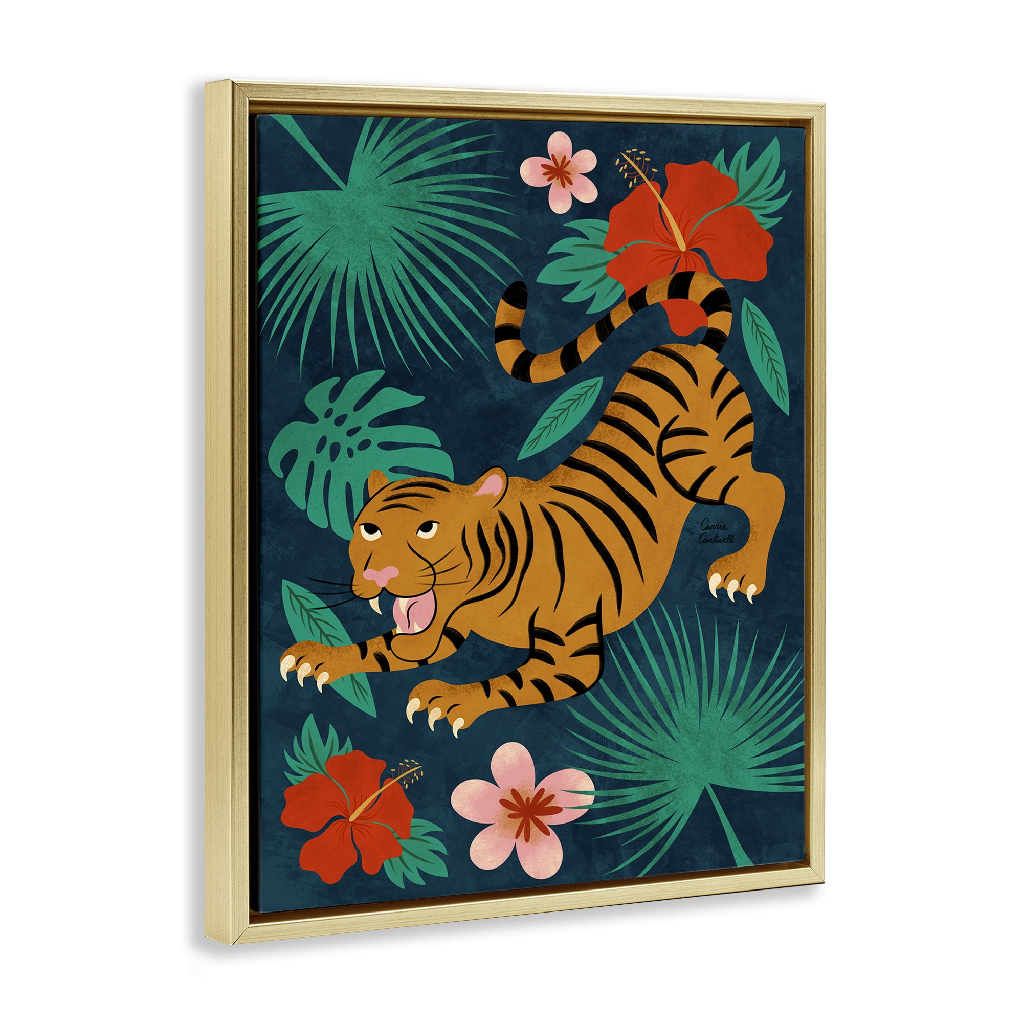 Stupell Industries Crouching Tiger Tropics Animals Painting Gold Floater Framed Canvas Art Print Wall Art, 17 x 21