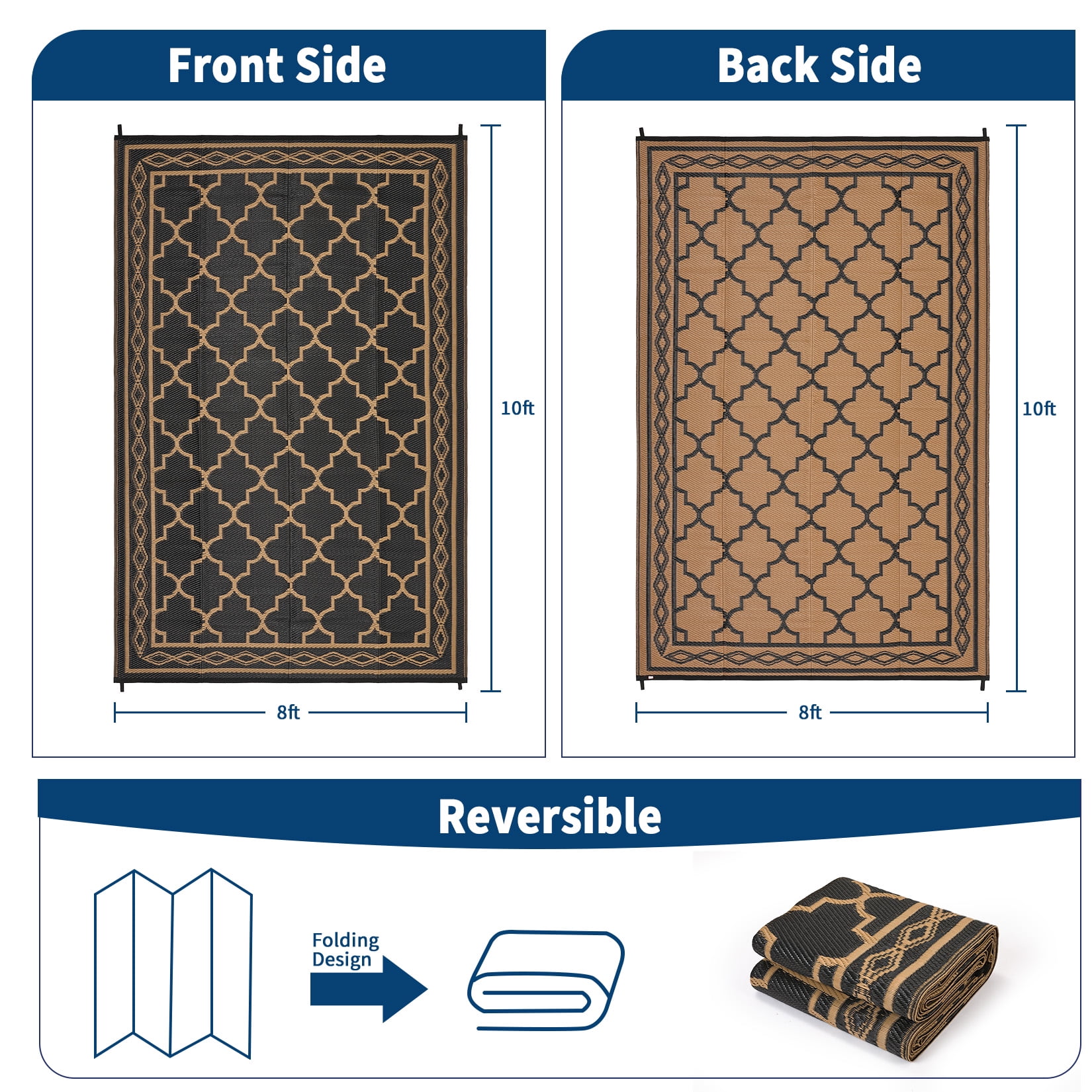 Garvee Outdoor Rug 8x10ft Waterproof for Patios, Reversible Plastic Straw Rug Camping Carpet Mats for RV, Picnic, Backyard, Deck, Balcony, Porch, Beach, Black & Brown