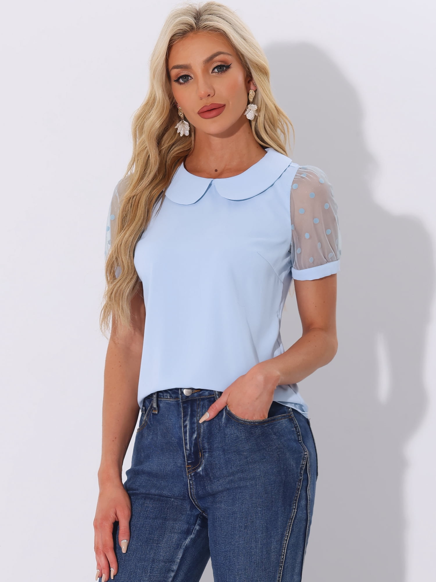 DARING DIVA Women's Polka Dots Mesh Peter Pan Collar Blouse L Light Blue