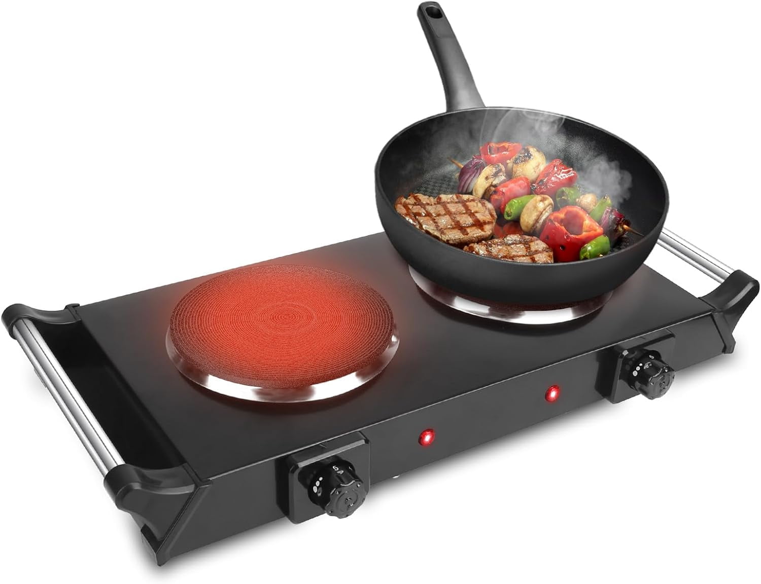 2000W Dual Burner Electric Hot Plate, 5 Temperature Settings (392℉-932℉), Portable Countertop Stove for All Flat Cookware, Fast & Even Heating, Easy to Clean, Ideal for Dorms, RVs, Apartments