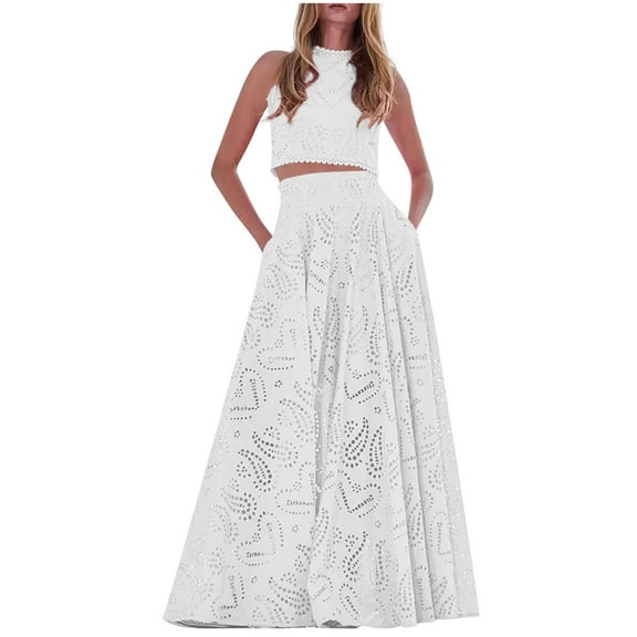 Idoravan Two Piece Sets for Women Outfit Long Skirts for Women Summer Women's Casual Solid Long Hollow Out Dress with Pocket Sleeveless Round-Neck Vests Blouses Sets Zipper Vest