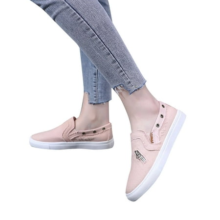 

Tenmix Ladies Canvas Sneaker Denim Flats Slip-Ons Skate Shoe Zipper Sneakers Work Casual Lightweight Walking Shoes Pink 7