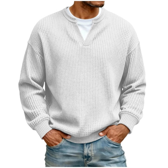 COSFO Long Sleeve T Shirts for Man Waffle Fall White Big and Tall Classic T-Shirt Soft V-Neck Casual Pullover Tops