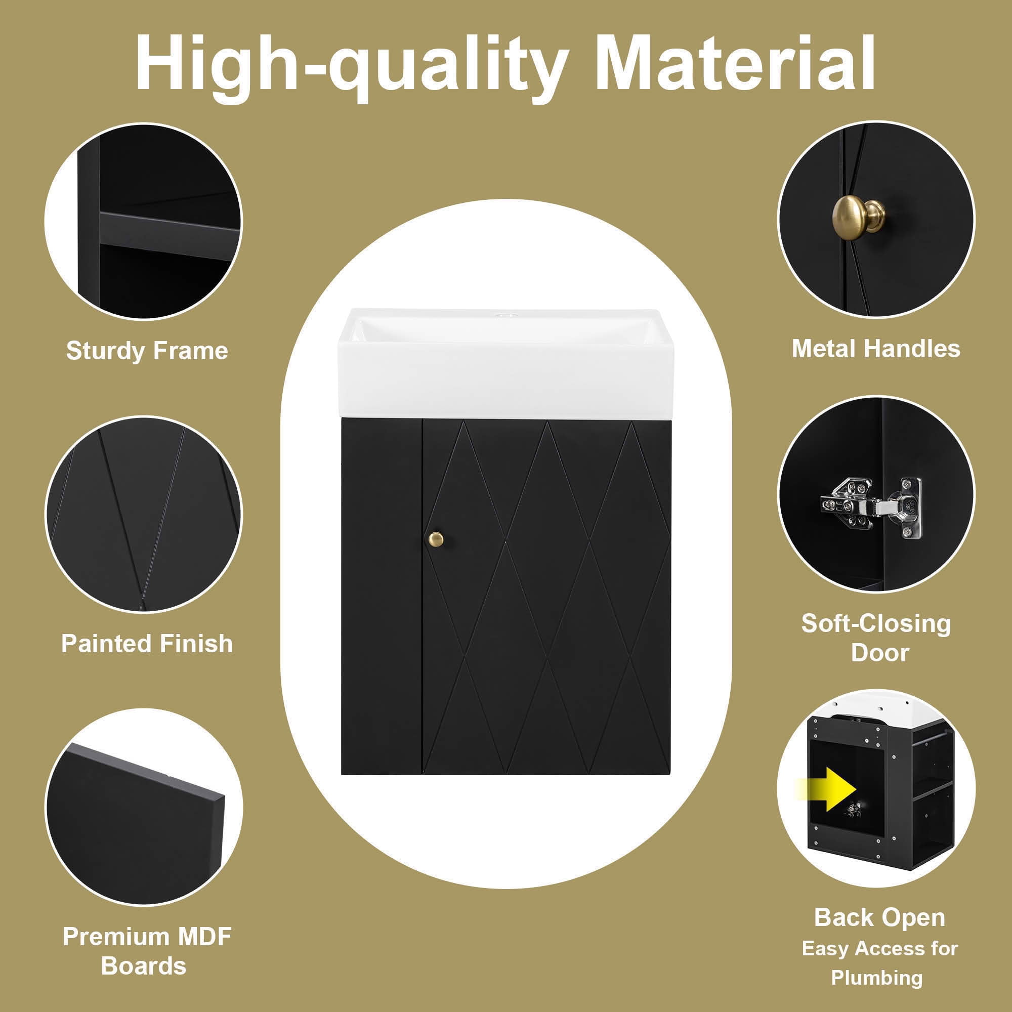 MAYEERTY 20" Bathroom Vanity Ceramic Sink Diamond Door Gold Handle Side Shelves Towel Bar MDF