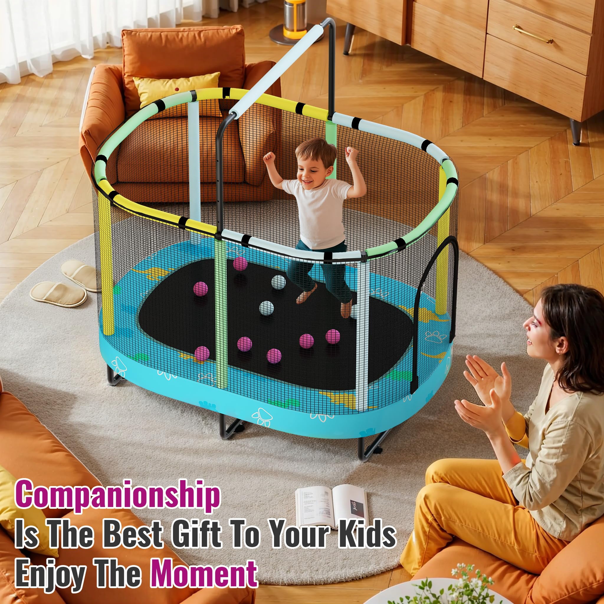 MOOSENG Elliptic Kids Trampoline, Bouncing Trampoline with Safety Enclosure Net, Adjustable Height Handrail, 500lbs Capacity, Designs for Boys & Girls, 7-in-1, 55” (Blue Dinosaur)