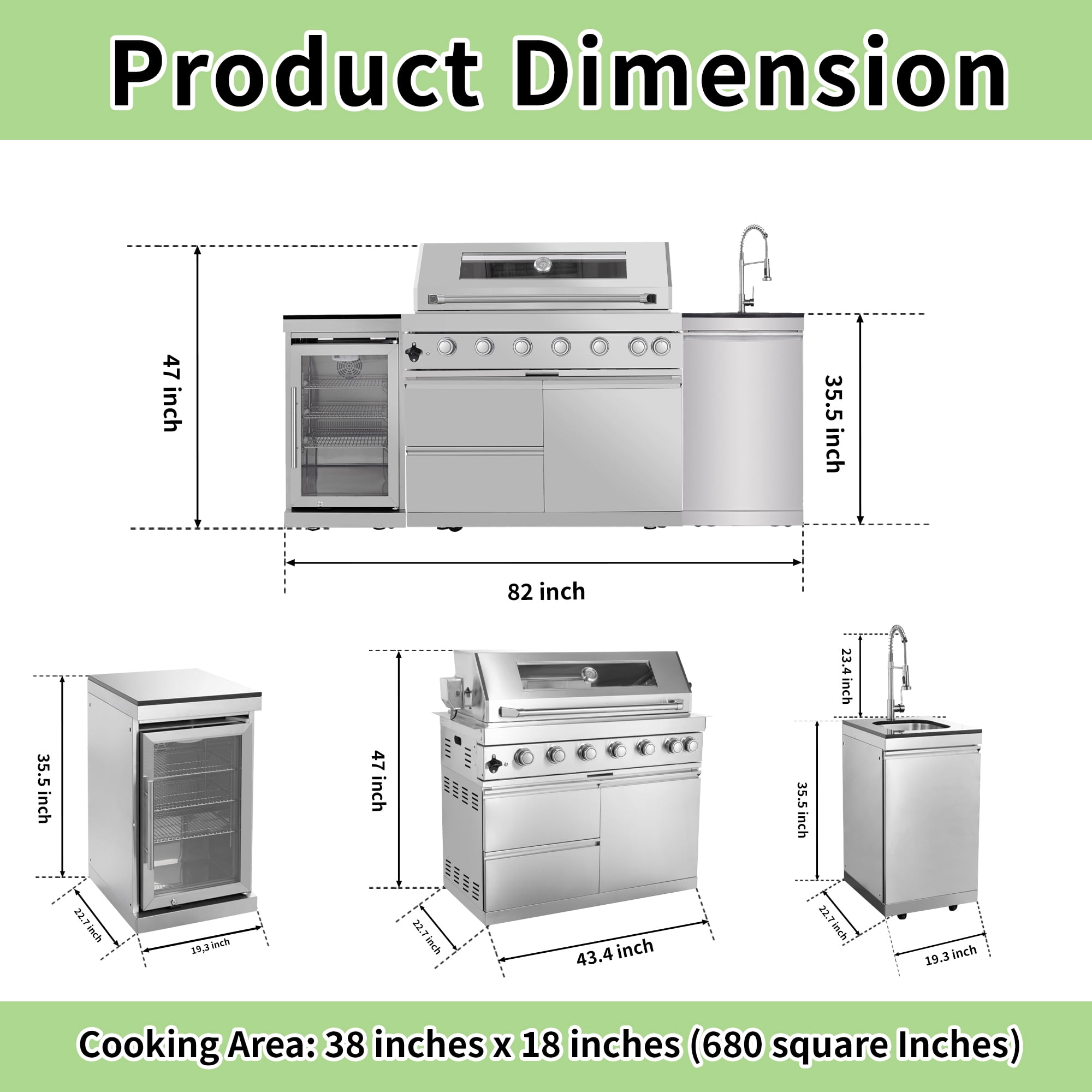 Daheat Stainless Steel Modular Outdoor Kitchen Gas Grill Island with 6-Burner 85000 BTU Grill, Wine Cooler, Fridge, Rotisserie, Granite Top & Storage