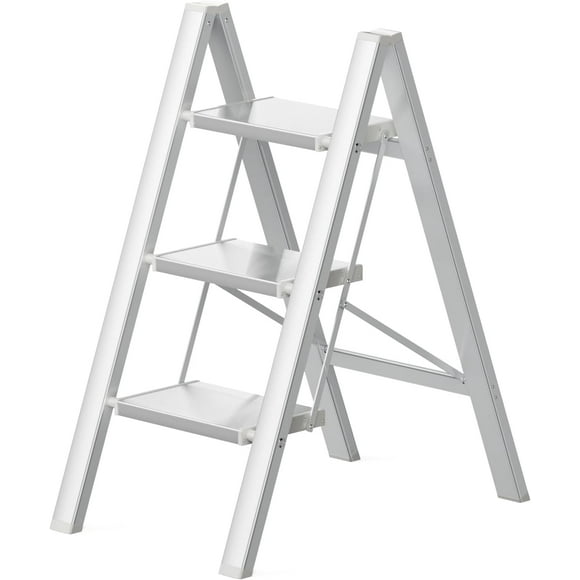 3 Step Ladder Folding Step Stool, Lightweight Aluminum Ladder with Anti-Slip Pedal, 330 lbs Capacity Step Stool for Kitchen, Home, Library, RV, Silver White Step Ladder