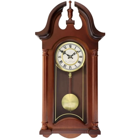 Delphine 27-Inch Mahogany Cherry Wood Wall Clock with Swinging Pendulum, Roman Numeral Dial, 4 Chime Options